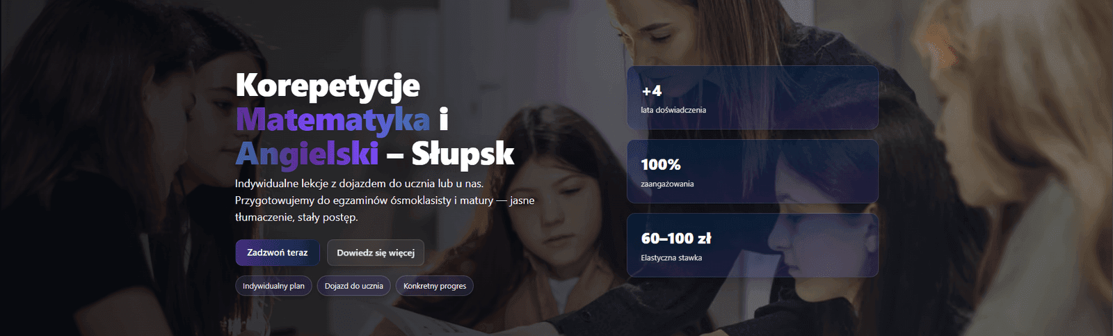 Sekcja hero EduVantage z tłem i CTA