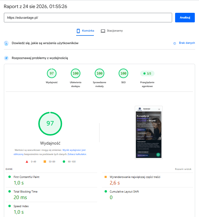 Wyniki PageSpeed Insights dla eduvantage.pl
