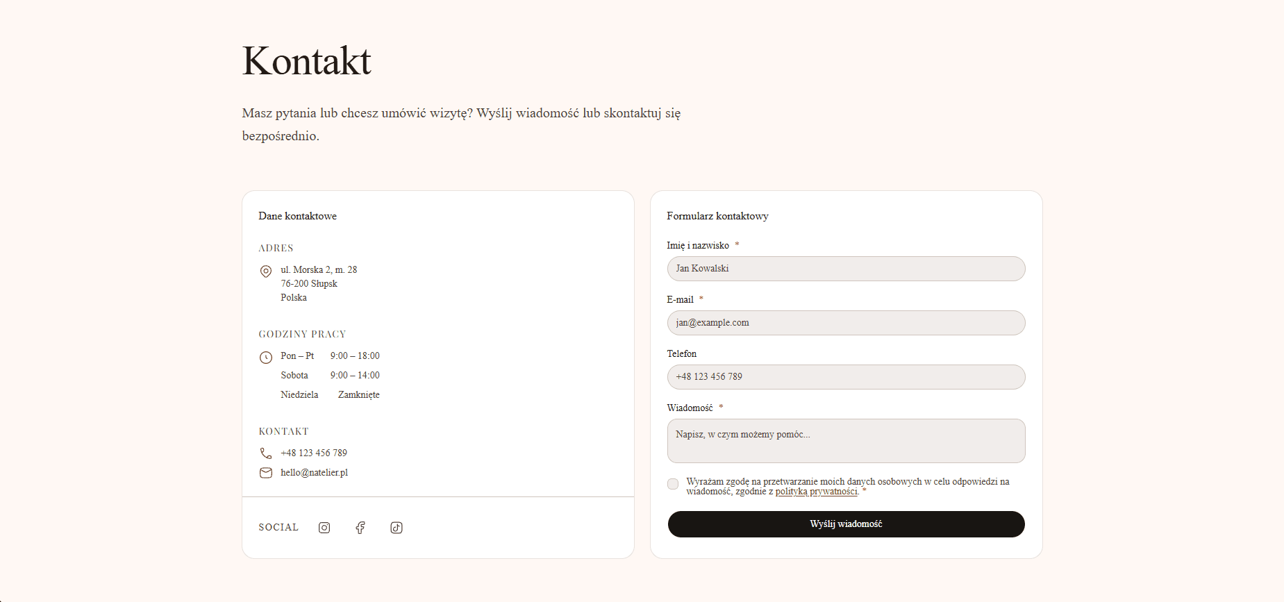 N'Atelier contact page with form and studio details